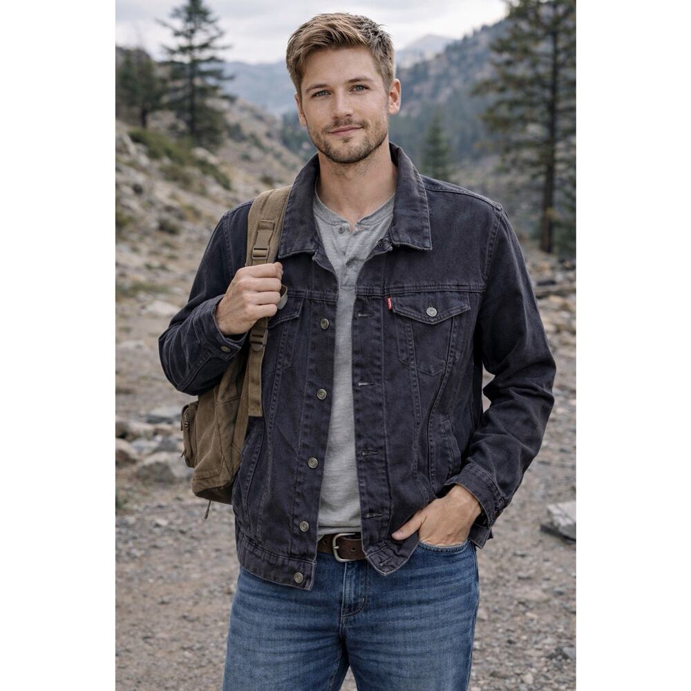 Levi’s Denim Trucker Jacket Mens L Black 100% Cotton Western Rugged Outdoors